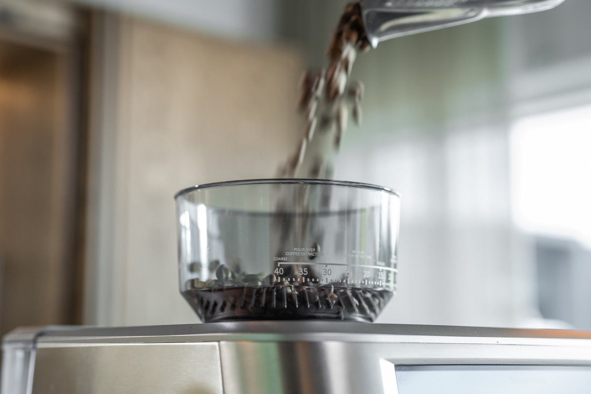 Ganze Kaffeebohnen werden in den Bohnenbehälter einer Espressomaschine geschüttet